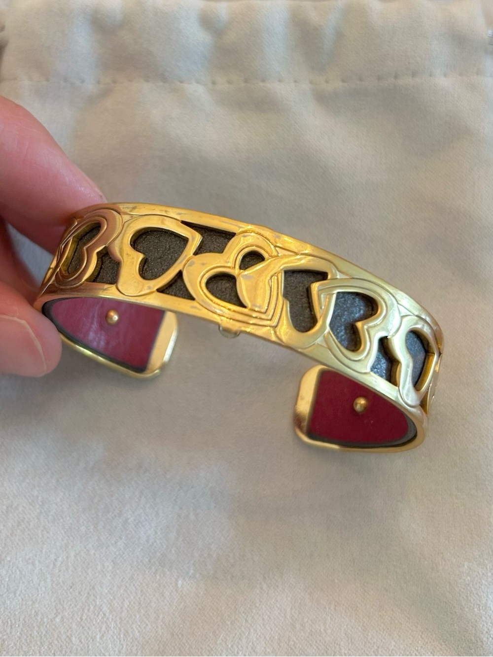 Brighton Gold-Tone Heart Cutout Cuff Bracelet with Pink Interior